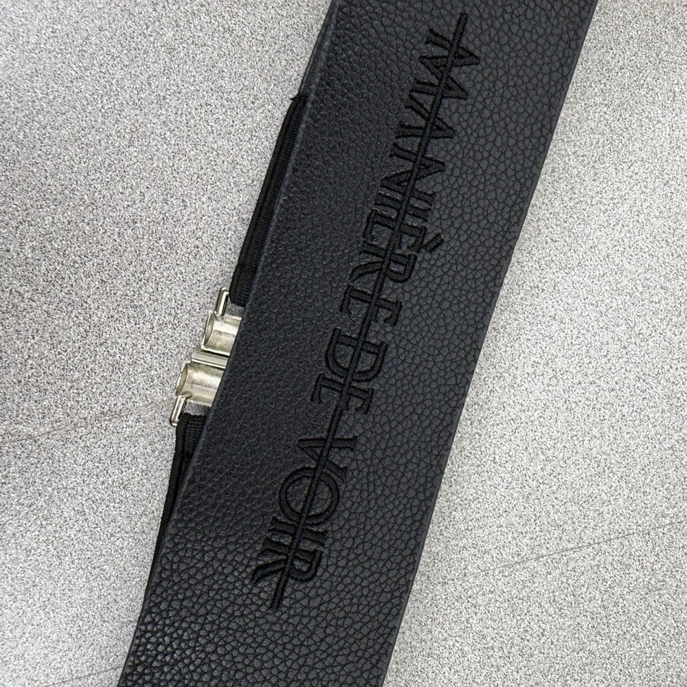 Manière De Voir Belt Womens 26.5 Black Elastic Waist Cinch Pebbled Logo Silver